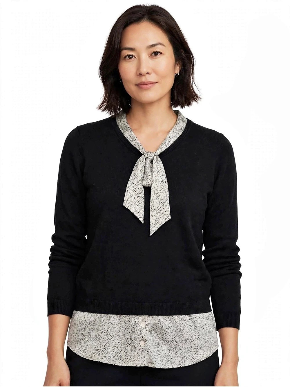 Adrianna Papell XL Black Layered Tie Neck Sweater 22" PTP Faux Blouse Hem Office